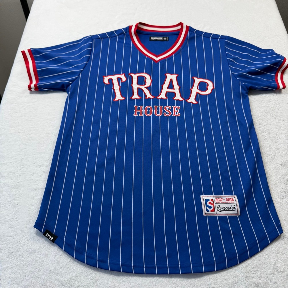 Contender Trap House Baseball Jersey Mens Medium Blue Good Pinstripe 21 Graphic